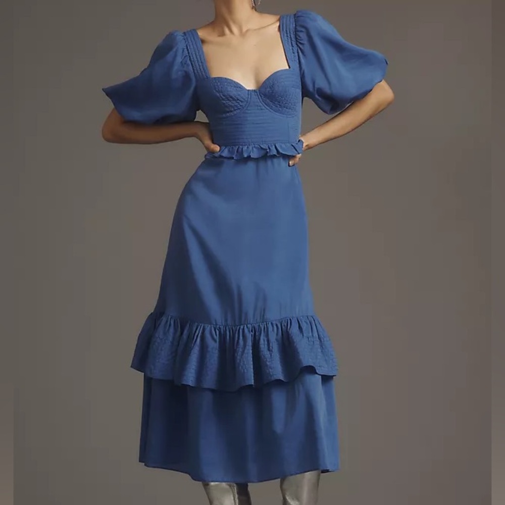 NWT Farm Rio Short-Sleeve Sweetheart Blue Midi Dress. Size XL